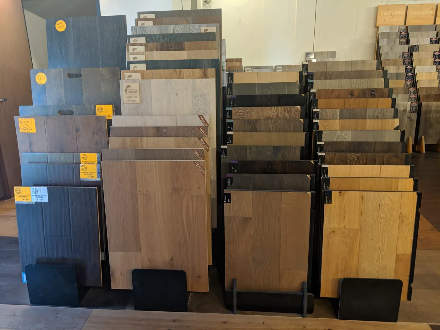 Hardwood flooring sample displays in the San Diego showroom