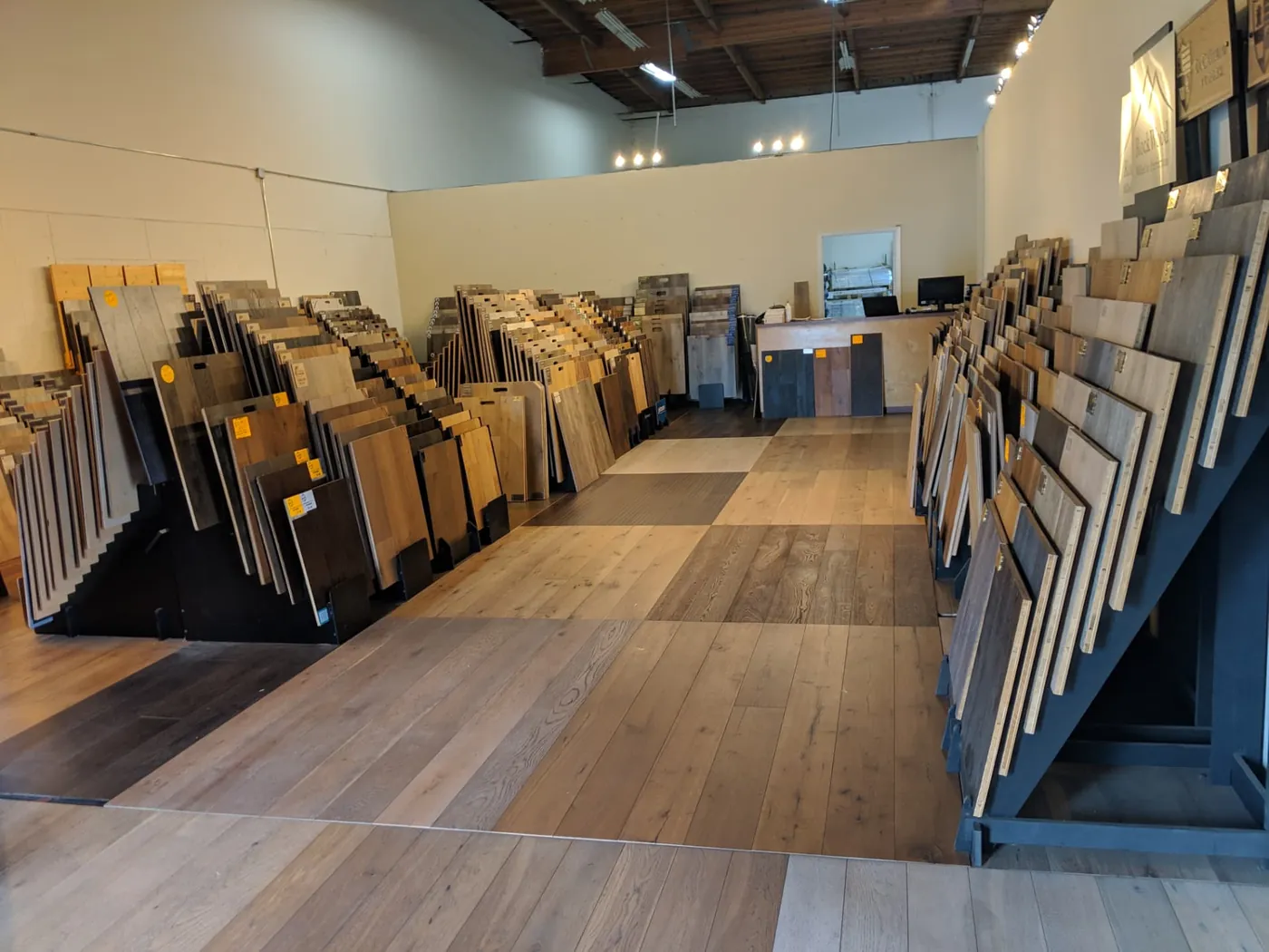 Wide view of flooring samples inside the San Diego showroom